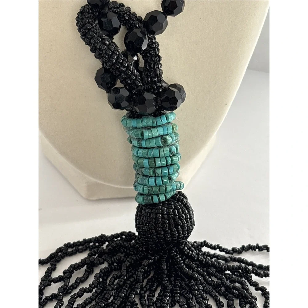 Victorian Jet Black Faceted Beaded Mourning Necklace with Turquoise Accent